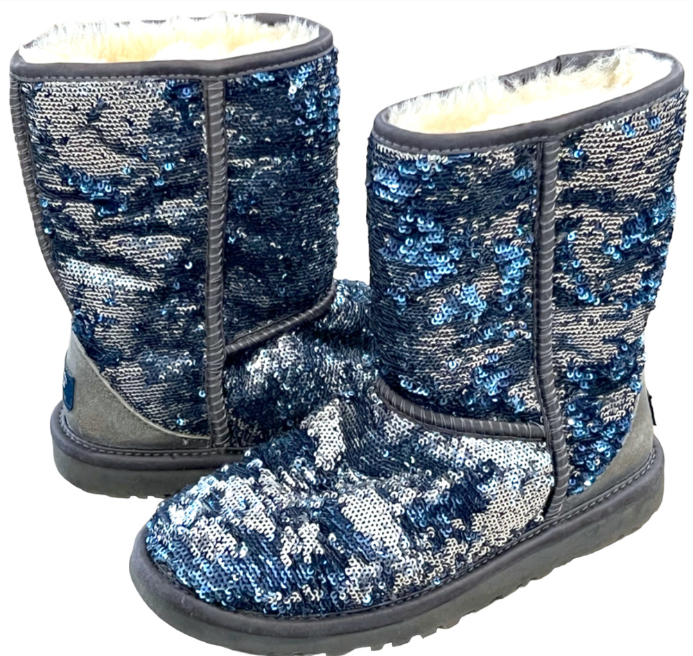 UGG WOMEN'S BOOTS 1002978 MIDNIGHT BLUE SILVER SEQUIN CLASSIC SHORT BOOTS 5